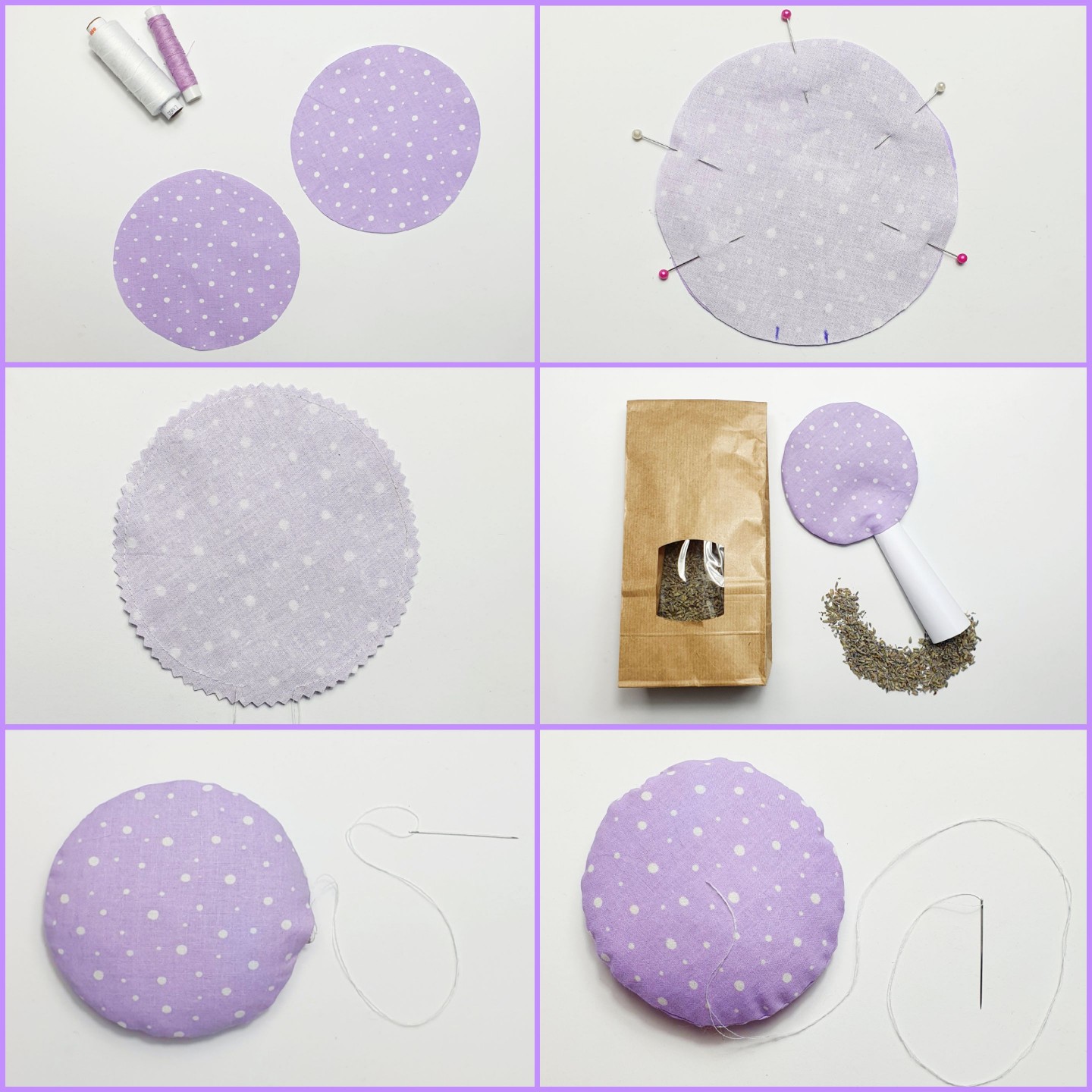 Es wird ein Stoffkreis ausgeschnitten um ein Selbstgenähtes Lavendelkissen in Blumenform herzustellen